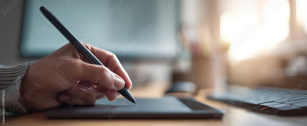 Poster the hand using a digital pen on a tablet in a modern workspace.
