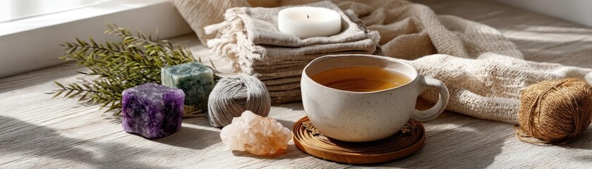 Stress relief tea in wellness with balance and positivity concept. Serene tea setup with crystals and natural elements for relaxation.