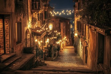 Fototapeta premium Stunning evening view of the enchanting Bassano del Grappa Ponte Vecchio with charming lights illuminating the cobblestone street in Veneto region