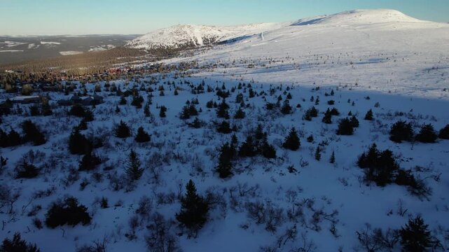 Aerial Drone View of Winter Landscape in Trysil Norway - Dolly Shot