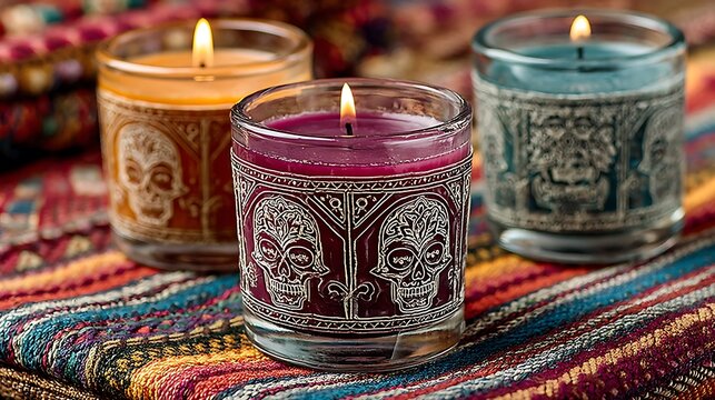 Decorative candles with skull designs illuminate a colorful patterned textile surface display