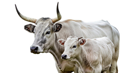 Fototapeta premium Hungarian Grey Mother & Calf: Light Grey Coats, Curved Horns, Isolated