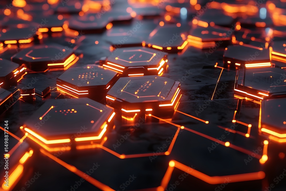 Poster abstract technology background with glowing orange hexagonal shapes and connecting lines