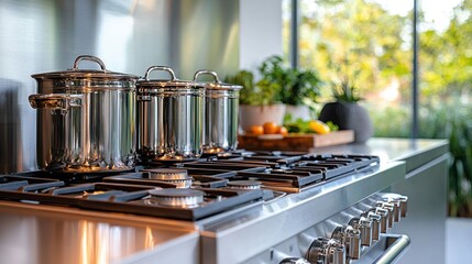 Modern kitchen stovetop with stainless steel pots and pans. Blurry background of plants and windows