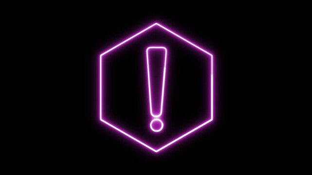 Violet glowing exclamation mark in hexagon frame. Neon warning sign on dark background for tech visuals, app alerts, or digital motion graphic.