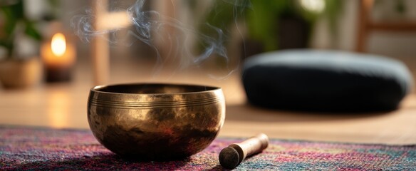 Obraz premium The soothing sound of a Tibetan singing bowl on a colorful rug.