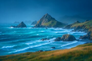 Dramatic coastal landscape with turquoise water, rugged cliffs, and lush green hills under a cloudy sky