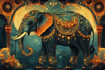 Fototapeta premium Beautiful designer illustration depicting an ancient mythical elephant adorned with intricate gold and turquoise patterns set against a mystical backdrop of lush foliage and shining orbs
