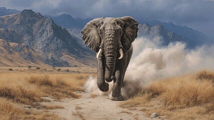 The powerful elephant thunders down a dry path, surrounded by the vast African plains and distant mountain peaks.

