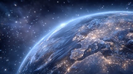 Fototapeta premium Earth from space showcasing Europe at night with city lights and stars in the dark sky