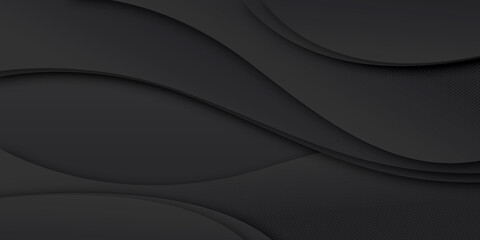 Black leather texture with a futuristic gray metal wave pattern backdrop, framed by dark curved lines and a subtle light