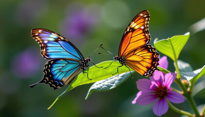 Obraz premium Beautiful butterflies fluttering on green leaves, showcasing vibrant wings and delicate features in serene natural setting