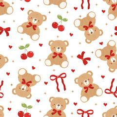 Naklejka premium Teddy Bear Seamless Pattern with Red Bows and Cherries, Cute Cozy Nursery Design, Valentine’s Day Background