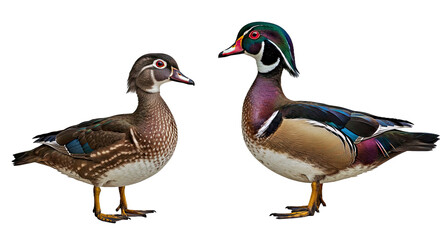 Obraz premium Elegant Wood Duck Couple: Vibrant & Subtle, Isolated on White
