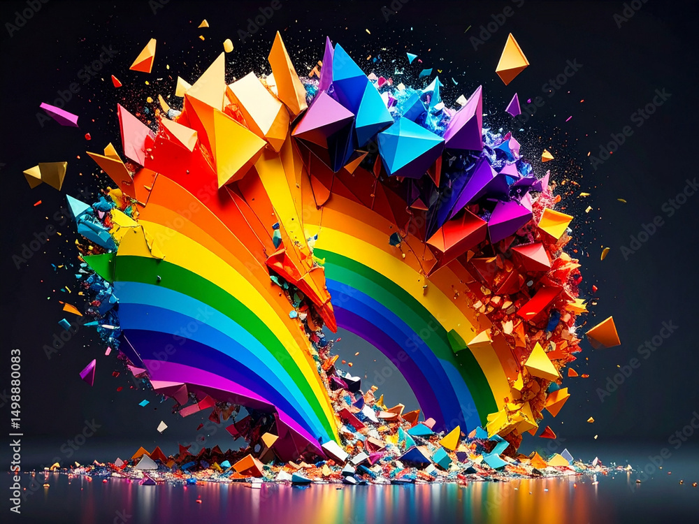 Poster : a vivid rainbow erupts into a dynamic explosion of colorful geometric pyramids and triangles. the 