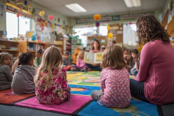Children listening to story with teacher indoors