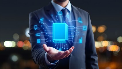 Glowing data visualizations show global business network connections, illuminated with cinematic lighting