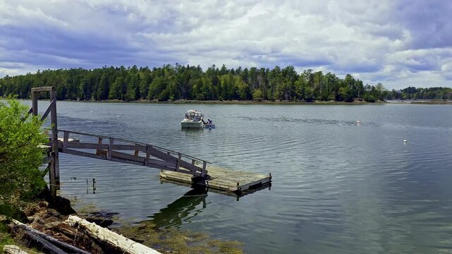 Another view of moored lobster boat in Harpswell, Maine