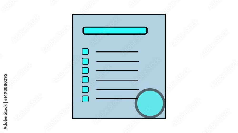 Poster document with checkmark animation. white background icon for approved status, task completion, verif