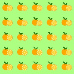 Seamless pattern of whole oranges, orange slices, green leaves. The design is cheerful, fresh, and perfect for summer-themed projects or textile prints