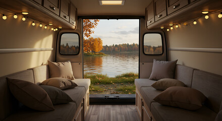 Fototapeta premium Cozy Autumn Campervan Interior with Lakeside View