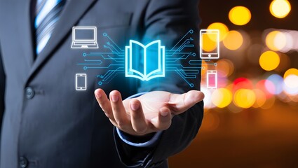 Glowing data visualizations show global business network connections, illuminated with cinematic lighting