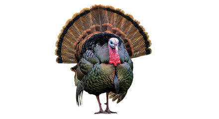 Wild Turkey Tom: Full Strut, Fan Tail, Iridescent Plumage, White Background