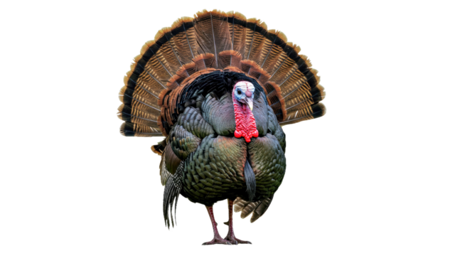 Wild Turkey Tom: Full Strut, Fan Tail, Iridescent Plumage, White Background
