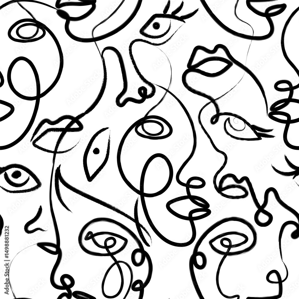 Poster abstract female face one line drawing seamless pattern. minimalistic sketch linear design of simple 