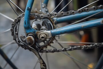 Bicycle maintenance involves adjusting the gear mechanism in a bustling outdoor workshop during a sunny afternoon