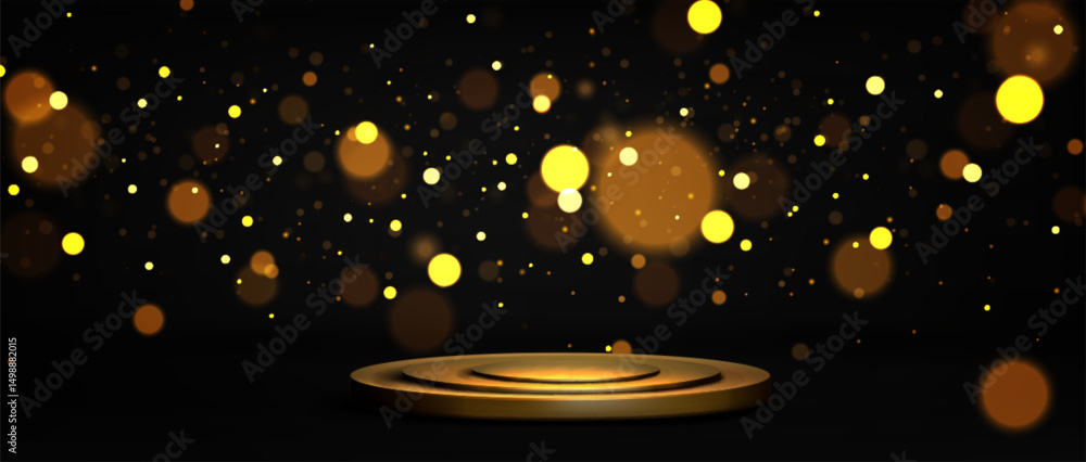 Poster golden podium with glowing bokeh effect on black background - shimmering stage platform illuminated 