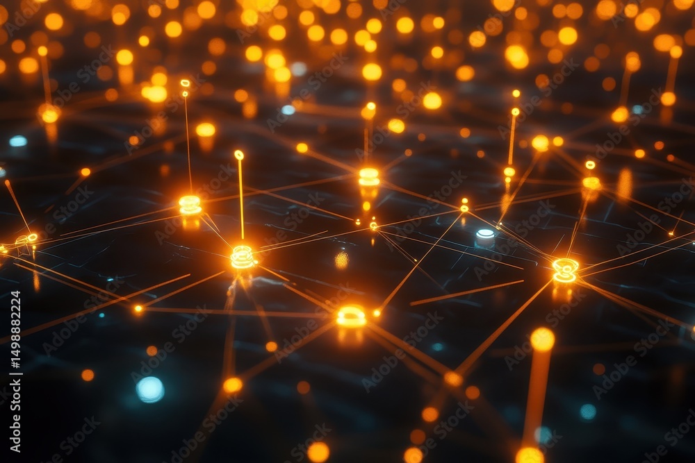Poster bitcoin network visualization shows glowing nodes and connections representing digital currency tran