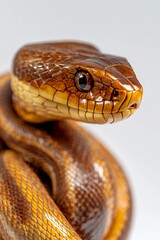 Fototapeta premium Elegant, gleaming, brown, and yellow patterned snake coiled on a bright white background
