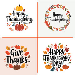  Thanksgiving Handdrawn Typography Set with Pumpkins, Autumn Leaves, and Festive Wreaths
