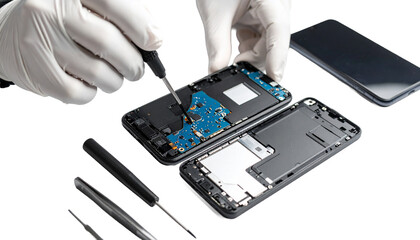 a technician is servicing a cell phone, isolated on transparent background