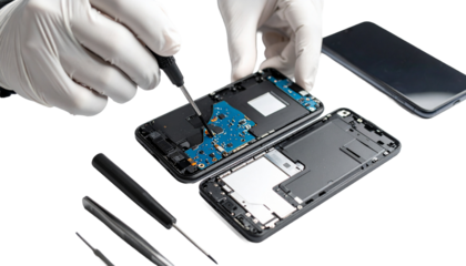 a technician is servicing a cell phone, isolated on transparent background