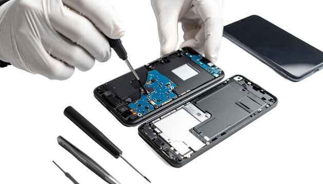 a technician is servicing a cell phone, isolated on transparent background