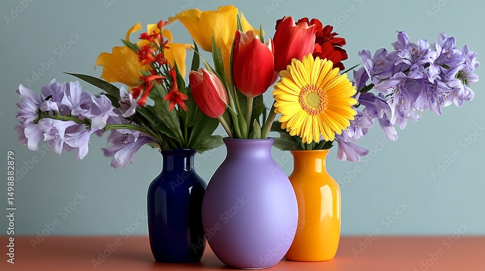 Poster three vases of different colors and sizes filled with flowers. the vases are placed on a table, and 