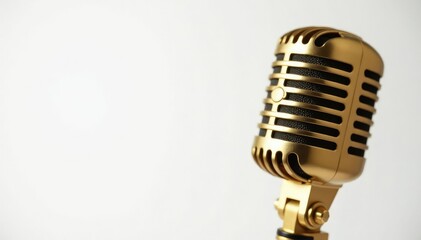 Fototapeta premium Close-up of a gold microphone on white background, music, retro, vintage