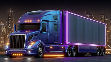 Futuristic blue semi-truck with neon lights driving at night with city skyline in the background