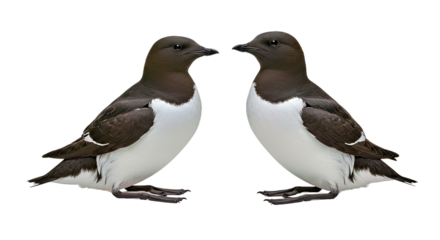  Pair of ancient murrelets standing side by side, one slightly angled, both in breeding plumage, black heads, white faces and chests, isolated on white background 