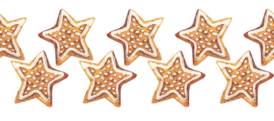 Watercolor seamless border with Christmas gingerbread star and ornate on white background. Celebration winter New Year dessert food for menu. Bakery cookie December rim for wallpaper or wrapping