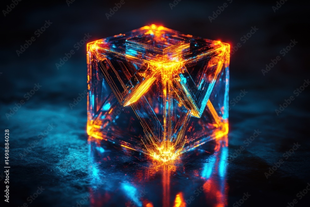 Poster vibrant abstract block cube with illuminated edges and colorful patterns glowing against a dark back
