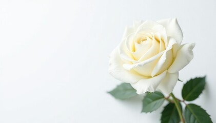 Fototapeta premium Single white rose bloom on stark white background, isolated, rose, bright