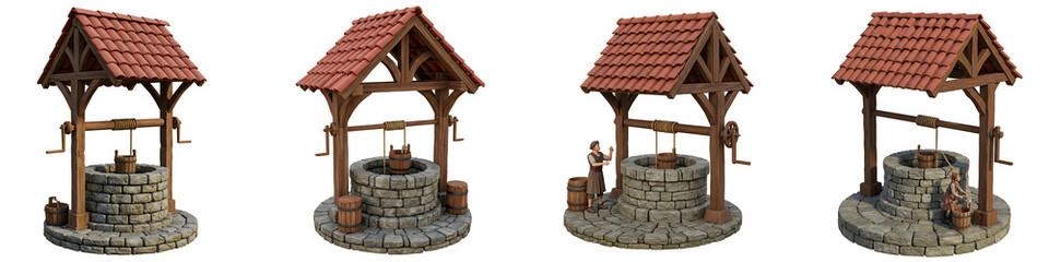 Obraz premium Rustic Stone Water Wells with Wooden Roofs and Buckets On Transparent Background