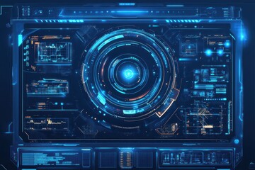 Futuristic blue HUD interface displaying advanced technological data and analytics in a sleek design with immersive visuals