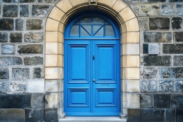 Beautiful blue front door of traditional style home on stone wall showcasing classic architecture and inviting charm in a peaceful neighborhood setting