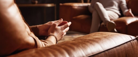 The intimate moment of a therapy session on a leather couch.