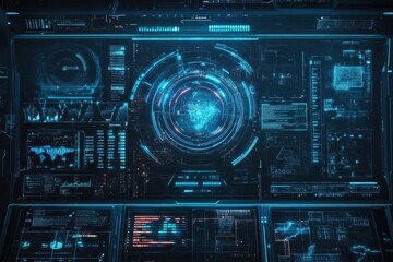 Obraz premium Futuristic blue HUD display showcasing advanced technological interfaces and data analytics in a high-tech environment
