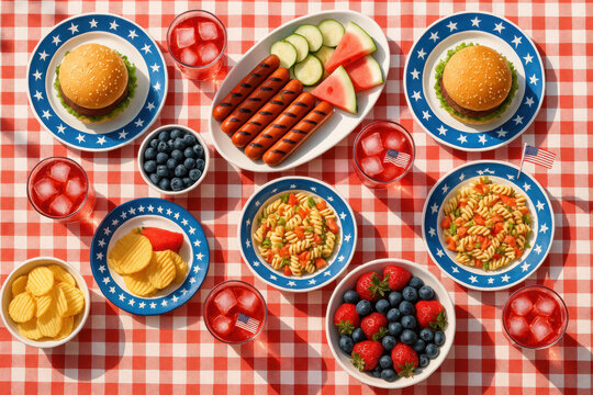 Festive picnic spread featuring burgers, hot dogs, fresh fruits, and colorful salads on a red and white checkered tablecloth, creating a joyful Independence Day celebration atmosphere